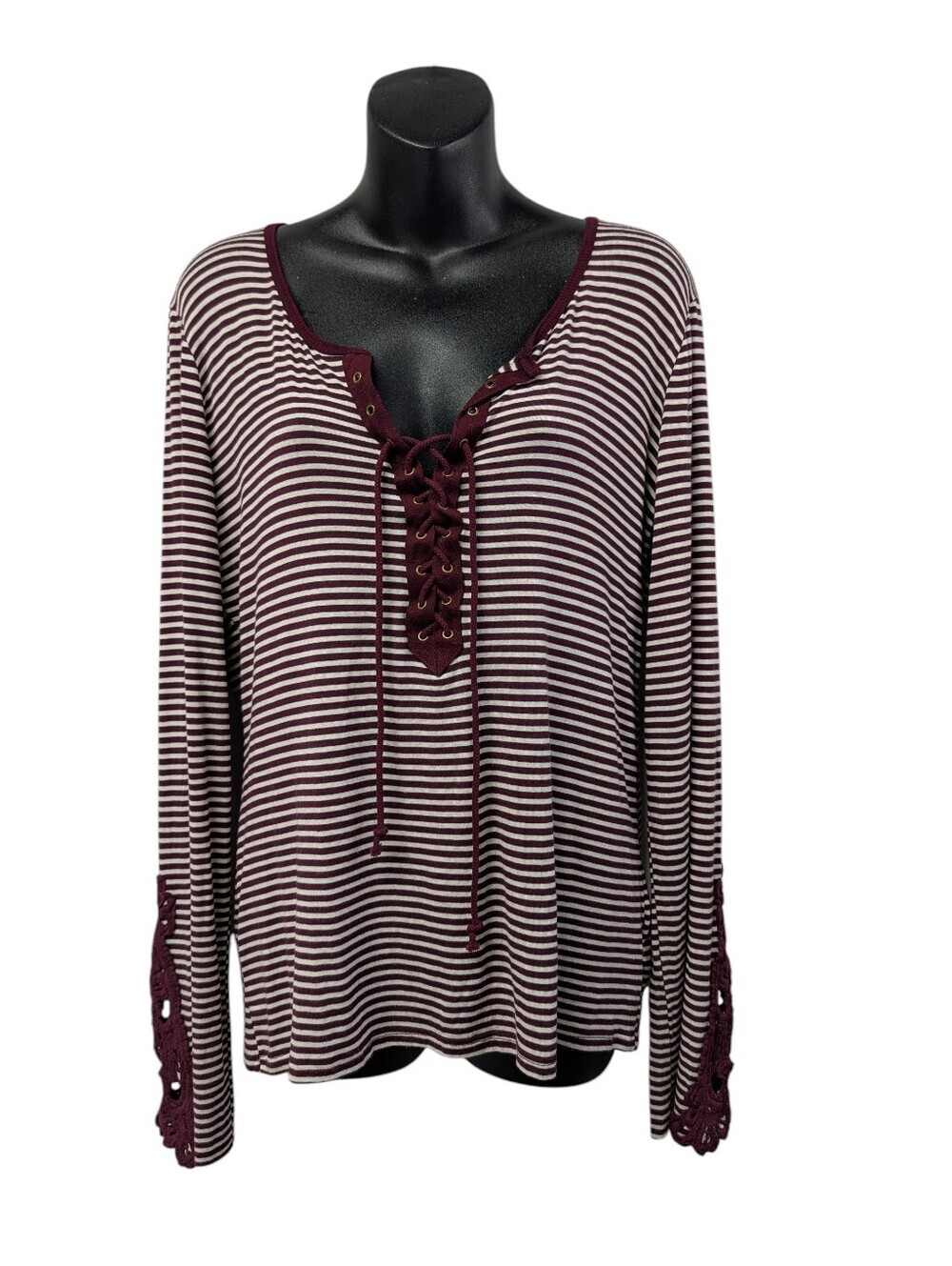 BKE Burgundy White Striped Lace Up Long Sleeve Crochet Cuff Boho Coat Blouse L